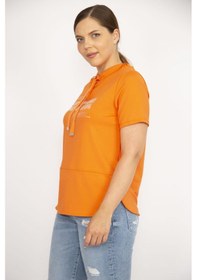 Resim Şans Kadın Oranj Büyük Beden Yakası Kuşgözü Bağcık ve Taş Detaylı Sweatshirt-oranj Turuncu 