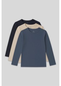 Resim Tommy Life Standart Fit Basic O Yaka 3lü Paket Lacivert-bej-koyu Mavi Unisex Çocuk T-shirt - 11329 Lacivert - Krem 