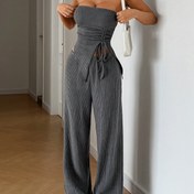 Resim Yudomi 2 Parça Kadın Yazlık Düz Renkli Yan Bağcıklı Krop Üst ve Pantolon Moda Seti 