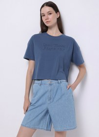 Resim Regular Fit Yuvarlak Yaka Baskılı Kadın Mavi Kısa Kol Tişört 