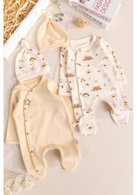 Resim Babymod Güneş Desenli 4'lü 100% Pamuk Kız Erkek Bebek Tulum Set Bej 