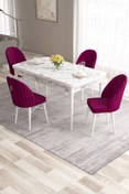 Resim Canisa Roz Serisi 80x132 Mdf Beyaz Mermer Desen Masa Takımı Ve 4 Adet Mürdüm Sandalye 