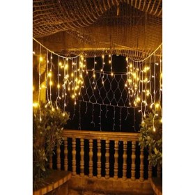 Resim 16 Saçaklı 4 mt Dekoratif 96 LED Işık Sarkıt Sarı Renk Ip Perde Iç Mekan Dış Mekan Perde LED 