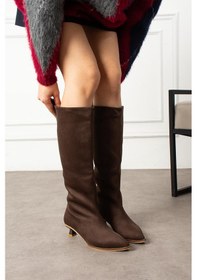 Resim Shoetek Lussi Kadın Çizme İnce Kısa Topuklu Kahverengi Süet Kahve Süet 