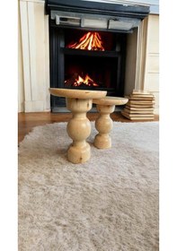 Resim Ahşap Yan Sehpa Takımı 2 Li Naturel Renk Masif Doğal Zigon 