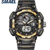 Resim Hanyang Altın Smael Lüks Marka Erkek Saati Açık Spor Su Geçirmez Saatler Çift Ekran Kuvars Askeri Dijital Saat Relogio Masculino (Yurt Dışından) 