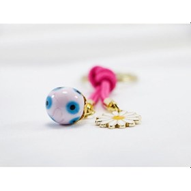 Resim Pembe Cam Nazar Boncuklu Papatyalı Anahtarlık, Hediyelik Cam Bonc 