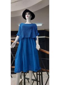 Resim Eren Style İtalyan Müslin Keteni Üstü File Bluzlu Astarlı Tek Parça Elbise Saks Mavisi 