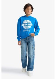 Resim Defacto Kapüşonlu Baskılı Saks Erkek Çocuk Sweatshirt F2845a8/be59 Saks 