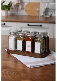 Resim 8'li Ahşap Standlı Cam Baharatlık Seti Gümüş Kapaklı Beyaz Etiketli Baharatlık Takımı Mh01slvr08 Beyaz - Şeffaf 