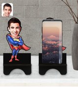 Resim Bk Gift Kişiye Özel Süper Adam Karikatürlü Ahşap Biblo Telefon Standı-1 