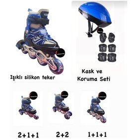 Resim Işıklı Çocuk Pateni Ayarlanılabilir Silikon Tekerli Frenli Metal Gövdeli Paten Ve Kask Dizlik Set Mavi 