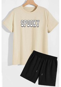 Resim Uyguntarz Spooky Şort T-shirt Eşofman Takımı Bej 