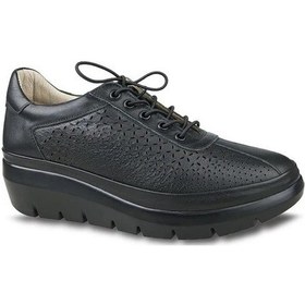 Resim Ceyo Kadın Deri Rahat Ortopedik Dolgu Topuklu Bağcıklı Ayakkabı 3545-3 Siyah 