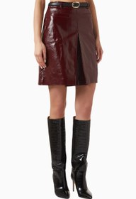 Resim Belted Lamb Leather Mini Skirt, Parlak Bordo Kuşaklı Deri Etek - Bordo / 16 