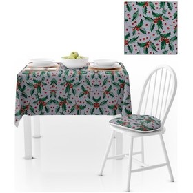 Resim Kızılcık Desenli Yeşil Yapraklı Dijital Baskılı Petek Dokuma Masa Örtüsü 140x260 