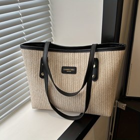Resim Kadınlar İçin Dokuma Tote Çanta - Büyük Kapasiteli Yazlık Günlük Omuz Çantası, Fermuarlı Kapatma, Dayanıklı Kumaş ve Polyester Astar, Seyahat, İş, Plaj için Sabit Askılı, Parlak Pembe, Açık Kahverengi, Beyaz, Yeşil, Siyah Renk Seçenekleri, Şık El Çantası, Sağlam Yapı, Hafif Tasarım, Profesyonel Kadın Aksesuarı 