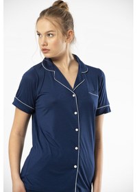 Resim Türen 3368 Kadın Kısa Kollu Gömlek Yaka Pijama Takım-lacivert Lacivert 