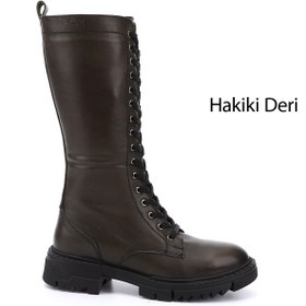Resim GÖNDERİ(R) Kadın Haki Antik Fermuarlı Kalın Topuklu Hakiki Deri Postal Çizme 