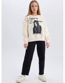 Resim DeFacto Kız Çocuk Oversize Geniş Kalıp Bisiklet Yaka Baskılı Sweatshirt D5452A824WNER233 Ekru 