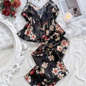 Resim Kadınların zarif çiçek desenli saten dantel detaylı pijama takımı, V yaka sırt dekolteli kolsuz üst ve pantolon, rahat ve salaş kesim 