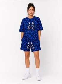 Resim GurkStore Kadın Oversize Kalıp Pubg Bape X Shark Nakışlı Cepli Şort Takım - Mavi 