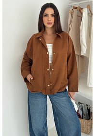 Resim Kadın Fermuarlı Altın Düğmeli Mont Structured Style Taba 