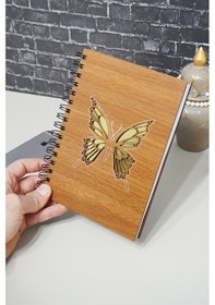 Resim Kelebek Desenli Ahşap Defter - Ajanda - Günlük - Çizgisiz Defter Ahşap Rengi Ceviz 