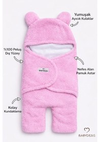 Resim Babyden's 0-12 Ay Welsoft Peluş Bebek Dış Kundak Uyku Tulumu Ayıcık Kulaklı İçi %100 Pamuk Astarlı Battaniye Pembe 