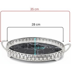 Resim 3 Adet Gümüş Renk Mermer Desen Metal Çerçeveli Cam Tepsi - 28x19 Cm Gümüş 