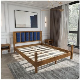 Resim Orion Model Lacivert Puflu Başlıklı Ceviz Renk Çam Ahşap Karyola-70 150 x 200 CM 