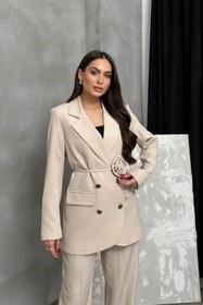 Resim buqre's moda Kadın İkili Blazer Ceket Pantolon Takım Aksesuar Gül ve Düğme Detaylı Bol Paça 