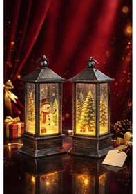Resim Yeni Yıl Noel Temalı 2 Li Set Işıklı Yılbaşı Feneri Kardan Adam Çam Ağacı Figürlü Fener Gri Set 14cm Çok Renkli 