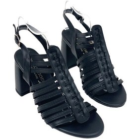 Resim Kadın Pert Siyah Cilt Kalın Yüksek Topuk Ayakkabı Sandalet 9 Cm 102 001 