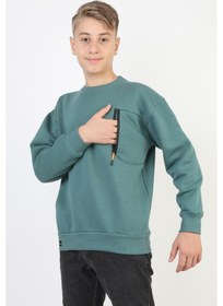 Resim Bisiklet Yaka Cep Fermuar Detaylı Erkek Çocuk Sweatshirt-90856 Yeşil 