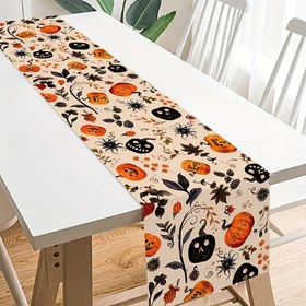Resim 1 adet Mutlu Cadılar Bayramı Masa Koşusu - Polyester, 180x35cm, Kabak ve Kafatası Tasarımı ile Sonbahar Yapraklı ve Leşler, Ev Dekoru, Cadılar Bayramı Parti Yemek Masası, Cadılar Bayramı Süslemeleri için mükemmel 