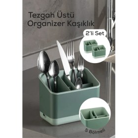 Resim 2li 5 Bölmeli Organizer Kaşıklık Tezgah Üstü Kaşık Düzenleyici Yeşil 