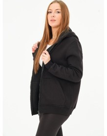 Resim Kadın Kanguru Cepli Kapüşonlu Sweatshirt İçi Polar Kalın Hırka Siyah 