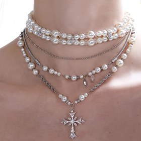 Resim 1pc Vintage Boho Tarzı Sahte Boncuklu Katmanlı Kolye, Haç Pırlanta, Alaşım Zincir, Tüm Mevsimler Günlük Giyim ve Hediye Takı A125 