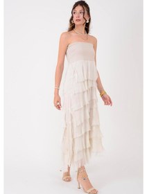 Resim Eren Style İtalyan 2 Beden Ince Gösteren Kat Kat Ipek Etek & Straplez Elbise Krem 