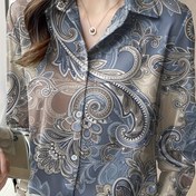 Resim Şık Kadın Uzun Kollu Düğmeli Gömlek - Mavi/Bej Geometrik Paisley Desenli, Makinede Yıkanabilir, Bahar & Yaz için Çok Yönlü Üst Giysi, Bayanlar İçin Uzun Kollu Üstler, Hafif Parlaklık Bitişli, Kolay Bakım Kumaş 