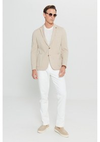 Resim Erkek Bej Pamuklu Slim Fit Dar Kesim Armürlü Esnek Torba Cepli Blazer Ceket Bej 