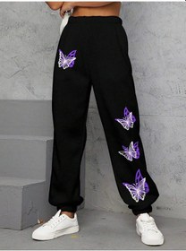 Resim Butterfly Print Slant Pocket 4 Mevsim Eşofman Siyah 