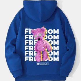 Resim Unisex Freedom Baskılı Kapüşonlu İçi Yumuşak Polarlı Oversize Sweatshirt - Saks Mavisi Saks Mavisi 
