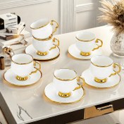 Resim 1 set, 6 fincan ve tabak, Türk Orta Doğu kahve ve çay bardağı seti, saplı, altın kaplama lüks tasarım, Batı restoranları, evler ve ofisler için uygun, aile, arkadaşlar ve sevdikleriniz için harika bir hediye seçeneği 