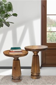 Resim Simillo Home&Living Wood Wooden 2’li Set Fitilli Mantar Yan Sehpa Modern Açık Ceviz Renk Fiskos 