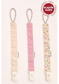 Resim Bej - Gül Kurusu - Bahar Çiçek Desenli Vizon - Plastik Klipsli Emzik Askısı Seti - 3'lü Emzik Zinciri Seti 