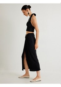 Resim Koton Koton X Melis Ağazat - Midi Boy Kruvaze Etek Dokulu Aksesuar Detaylı Siyah 4sak10708ek Siyah 