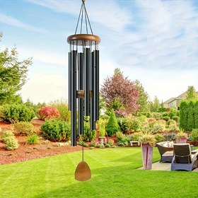 Resim 1 Adet Klasik Siyah Alüminyum Rüzgar Çanı, 6 Metal Tüp ile - Bahçe, Balkon, Veranda için Şık Asma Dekor | Doğum Günleri, Sevgililer Günü, Şükran Günü, Anneler Günü için İdeal Hediye, Dış Mekan için Rüzgar Çanları 