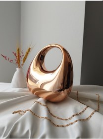 Resim Vivazzaluxe Modern Tasarım Oval Tutmalı Küçük Boy Kadın Abiye El, Omuz Çanta Altın 